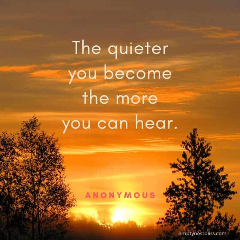 quote:  The quieter you become, the more you can hear.  by anonymous.  Setting sun on orange sky with silhouettes of trees.